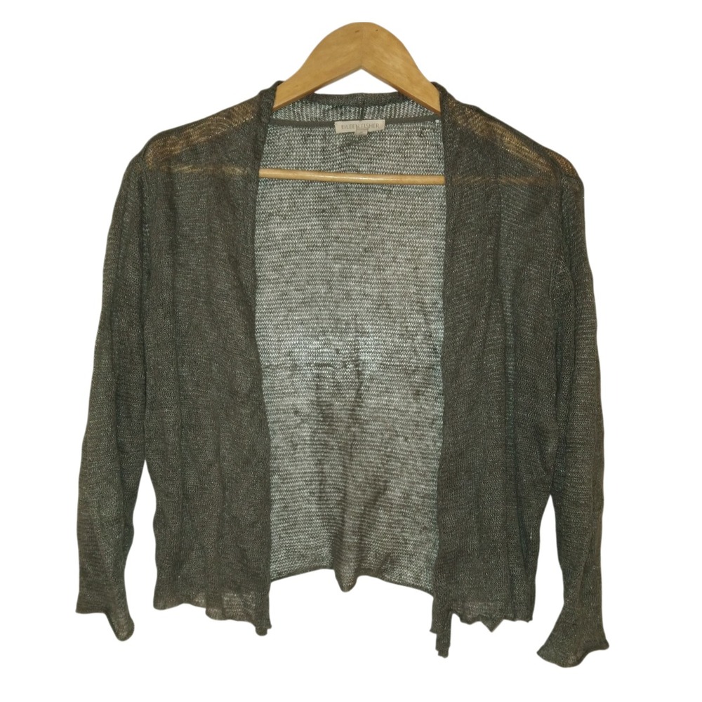 Eileen Fisher Cardigan Sweater Linen Blend Open Front Medium Italian Yarn Green